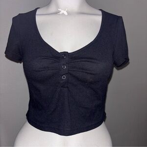 SHEIN Black Ruched Button Crop Top